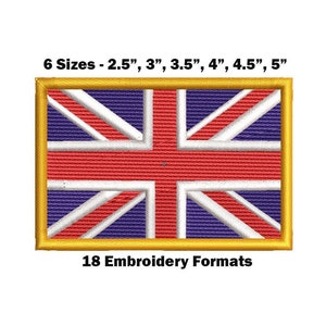 Puede incluir: Parche bordado con la bandera del Reino Unido, la Union Jack, con un borde dorado. El diseño presenta los colores rojo, blanco y azul. El texto dice "6 Tamaños - 2.5", 3", 3.5", 4", 4.5", 5"" y "18 Formatos de Bordado".