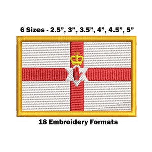 Peut inclure: Patch brodé du drapeau d'Irlande du Nord. Le drapeau est rouge, blanc et or avec une main rouge et une couronne. Le patch est disponible en six tailles : 2,5 pouces, 3 pouces, 3,5 pouces, 4 pouces, 4,5 pouces et 5 pouces. Le patch est disponible en 18 formats de broderie.