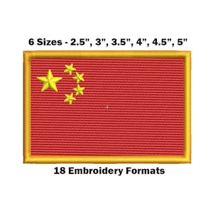May include: Embroidered patch of the Chinese flag with a red background and five yellow stars. The patch is available in six sizes: 2.5 inches, 3 inches, 3.5 inches, 4 inches, 4.5 inches, and 5 inches. The patch is available in 18 embroidery formats.