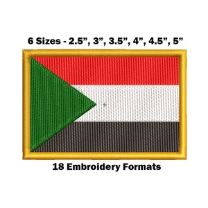 May include: An embroidered patch of the Sudanese flag. The flag is green, red, white, and black with a green triangle in the top left corner. The patch is available in six sizes: 2.5 inches, 3 inches, 3.5 inches, 4 inches, 4.5 inches, and 5 inches. The patch is available in 18 embroidery formats.