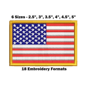 May include: An embroidered American flag patch with a gold border. The patch is available in six sizes: 2.5 inches, 3 inches, 3.5 inches, 4 inches, 4.5 inches, and 5 inches. The listing includes 18 embroidery formats.