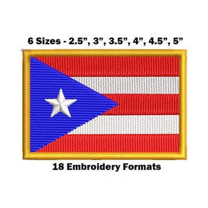 以下が含まれることがあります： プエルトリコの国旗の刺繍パッチ。6つのサイズ展開: 2.5インチ、3インチ、3.5インチ、4インチ、4.5インチ、5インチ。国旗は赤、白、青で、青い三角形に白い星が描かれています。