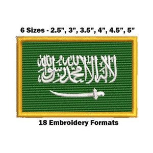 Puede incluir: Parche bordado de la bandera de Arabia Saudita. La bandera es verde con una inscripción blanca y una espada blanca. El parche está disponible en seis tamaños: 2,5 pulgadas, 3 pulgadas, 3,5 pulgadas, 4 pulgadas, 4,5 pulgadas y 5 pulgadas. El parche está disponible en 18 formatos de bordado.