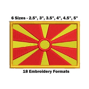 May include: Embroidered patch of the flag of North Macedonia. The flag is red with a yellow sun in the center and eight yellow rays extending from the sun. The patch is available in six sizes: 2.5 inches, 3 inches, 3.5 inches, 4 inches, 4.5 inches, and 5 inches.