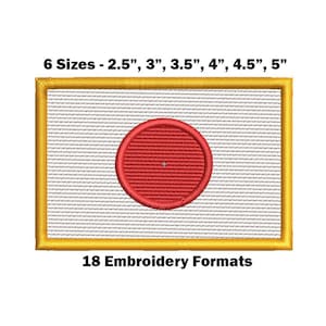 May include: A red circle embroidery design with a white background and a yellow border. The design is available in six sizes: 2.5 inches, 3 inches, 3.5 inches, 4 inches, 4.5 inches, and 5 inches. The text "18 Embroidery Formats" is below the design.