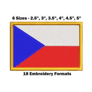 May include: Embroidered patch featuring the Czech Republic flag, with blue, white, and red colors. The patch is rectangular with a gold border. Text indicates 6 sizes from 2.5" to 5" and 18 embroidery formats.