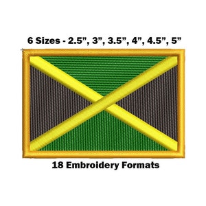 Könnte beinhalten: Gestickter Patch der jamaikanischen Flagge in sechs Größen: 2,5 Zoll, 3 Zoll, 3,5 Zoll, 4 Zoll, 4,5 Zoll und 5 Zoll. Die Flagge zeigt ein grünes, gelbes und schwarzes Design mit einem diagonalen gelben Kreuz.
