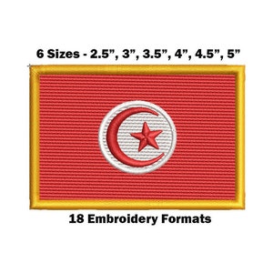Peut inclure: Patch brodé du drapeau tunisien. Le drapeau est rouge avec un cercle blanc contenant un croissant de lune rouge et une étoile blanche à cinq branches. Le patch est disponible en six tailles : 2,5 pouces, 3 pouces, 3,5 pouces, 4 pouces, 4,5 pouces et 5 pouces. 18 formats de broderie sont disponibles.