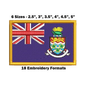 Puede incluir: Parche bordado de la bandera de las Islas Caimán. La bandera es azul con una Union Jack roja, blanca y azul en la esquina superior izquierda y el escudo de armas de las Islas Caimán en la esquina inferior derecha. El parche está disponible en seis tamaños: 2,5 pulgadas, 3 pulgadas, 3,5 pulgadas, 4 pulgadas, 4,5 pulgadas y 5 pulgadas. El parche está disponible en 18 formatos de bordado.