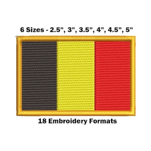 Puede incluir: Parche bordado de la bandera belga en seis tamaños: 2,5 pulgadas, 3 pulgadas, 3,5 pulgadas, 4 pulgadas, 4,5 pulgadas y 5 pulgadas. La bandera es negra, amarilla y roja. El parche está disponible en 18 formatos de bordado.