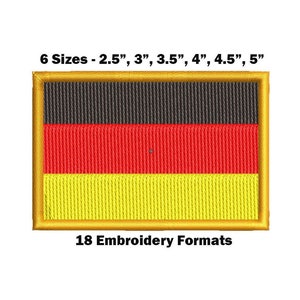 Könnte beinhalten: Ein Stickmuster der deutschen Flagge in Schwarz, Rot und Gelb mit goldener Umrandung. Das Design ist in sechs Größen erhältlich: 2,5 Zoll, 3 Zoll, 3,5 Zoll, 4 Zoll, 4,5 Zoll und 5 Zoll. Die Liste enthält 18 Stickformate.