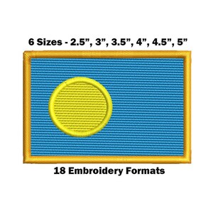 May include: Embroidered patch with a yellow circle on a blue background. The patch is available in six sizes: 2.5 inches, 3 inches, 3.5 inches, 4 inches, 4.5 inches, and 5 inches. The text "6 Sizes - 2.5", 3", 3.5", 4", 4.5", 5" and "18 Embroidery Formats" is printed below the patch.