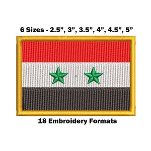 May include: An embroidered patch of the Syrian flag. The flag is red, white, and black with two green stars. The patch is available in six sizes: 2.5 inches, 3 inches, 3.5 inches, 4 inches, 4.5 inches, and 5 inches. The patch is available in 18 embroidery formats.