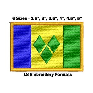 May include: Embroidered patch of the flag of Saint Vincent and the Grenadines. The flag is yellow with a green diamond shape in the center. The patch is available in six sizes: 2.5 inches, 3 inches, 3.5 inches, 4 inches, 4.5 inches, and 5 inches. The text "6 Sizes - 2.5", 3", 3.5", 4", 4.5", 5" and "18 Embroidery Formats" is printed below the patch.
