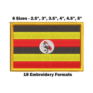 Könnte beinhalten: Gestickter Patch der ugandischen Flagge. Die Flagge ist gelb, schwarz und rot mit einem Kranich in einem weißen Kreis in der Mitte. Der Patch ist in sechs Größen erhältlich: 2,5 Zoll, 3 Zoll, 3,5 Zoll, 4 Zoll, 4,5 Zoll und 5 Zoll. Der Patch ist in 18 Stickformaten erhältlich.