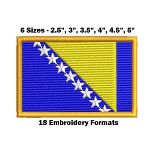May include: Embroidered patch of the Bosnian flag. The flag is blue with a yellow triangle containing white stars. The patch is available in six sizes: 2.5 inches, 3 inches, 3.5 inches, 4 inches, 4.5 inches, and 5 inches. The patch is available in 18 embroidery formats.