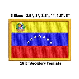 Könnte beinhalten: Gestickter Aufnäher der venezolanischen Flagge in sechs Größen: 2,5 Zoll, 3 Zoll, 3,5 Zoll, 4 Zoll, 4,5 Zoll und 5 Zoll. Die Flagge zeigt eine horizontale Trikolore in Gelb, Blau und Rot mit dem venezolanischen Wappen in der oberen linken Ecke und sieben weißen Sternen in einem Halbkreis in der Mitte des blauen Bandes. Der Aufnäher ist in 18 Stickformaten erhältlich.