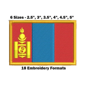 May include: Embroidered patch of the Mongolian flag. The flag is blue, red, and yellow with a symbol in the center. The patch is available in six sizes: 2.5 inches, 3 inches, 3.5 inches, 4 inches, 4.5 inches, and 5 inches. 18 embroidery formats are included.