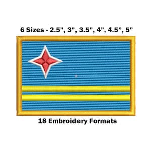 May include: Embroidered patch of the flag of Aruba. The flag is blue with two yellow horizontal stripes and a red five-pointed star in the upper left corner. The patch is available in six sizes: 2.5 inches, 3 inches, 3.5 inches, 4 inches, 4.5 inches, and 5 inches. The text "6 Sizes - 2.5", 3", 3.5", 4", 4.5", 5" and "18 Embroidery Formats" is printed below the patch.