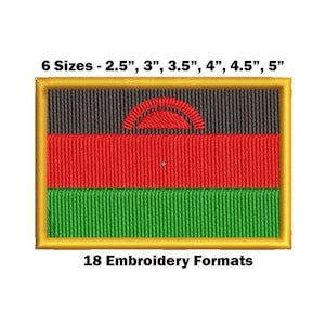 Puede incluir: Parche bordado de la bandera de Malaui. La bandera es negra, roja y verde con un sol naciente en el centro. El parche está disponible en seis tamaños: 2,5 pulgadas, 3 pulgadas, 3,5 pulgadas, 4 pulgadas, 4,5 pulgadas y 5 pulgadas. El parche está disponible en 18 formatos de bordado.