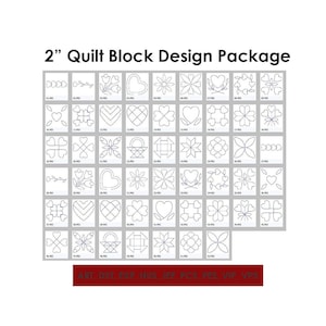 Peut inclure: Un ensemble de 48 motifs de blocs de courtepointe disposés en grille. Chaque bloc mesure 5 cm de côté et présente un motif différent, notamment des cœurs, des fleurs et des formes géométriques. Les motifs sont dessinés en noir sur fond blanc.