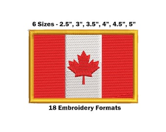 May include: Canadian flag embroidery design in 6 sizes: 2.5 inches, 3 inches, 3.5 inches, 4 inches, 4.5 inches, and 5 inches. The design features a red maple leaf on a white background with a red border. The design is available in 18 embroidery formats.