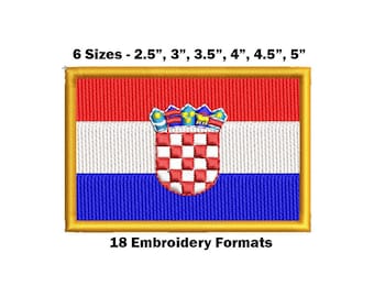 May include: Embroidered patch of the Croatian flag with the coat of arms in the center. The flag is red, white, and blue with a checkered shield. The patch is available in six sizes: 2.5 inches, 3 inches, 3.5 inches, 4 inches, 4.5 inches, and 5 inches.  18 embroidery formats are included.