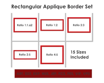 May include: A diagram showing 15 different sizes of rectangular applique border sets. The diagram shows the different aspect ratios of the borders, including 1:1.62, 1:2, 2:3, 2:5, and 4:5. The text "15 Sizes Included" is also shown in the diagram.
