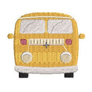 May include: A yellow vintage-style bus with white windows and headlights. The bus has a white bumper and black tyres.