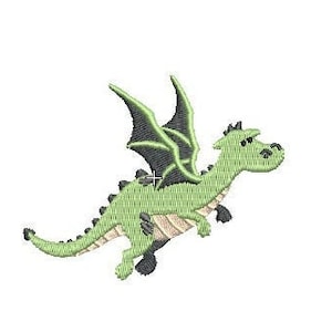 May include: A green cartoon dragon with black wings is flying. The dragon has a long tail and a friendly face.