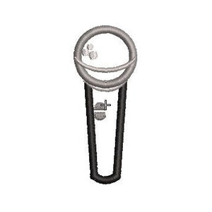 May include: A black and white outline of a microphone. The microphone has a round head with a small circle in the centre.