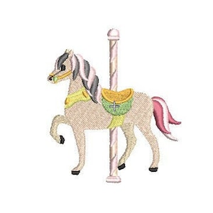 May include: A white carousel horse with a pink, yellow, and green saddle and a pink and white tail. The horse is attached to a white pole with a pink and white striped design.