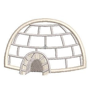 May include: A white outline of an igloo with a rounded top and a rectangular entrance. The igloo is made of a series of lines that create a grid pattern.