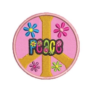 Könnte beinhalten: Ein rosa und gelbes Peace-Zeichen mit dem Wort "Peace" in bunten Buchstaben, umgeben von Blumen.