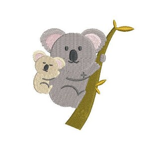 May include: Embroidered design of two gray koalas hugging on a yellow branch. The larger koala is holding a smaller koala.