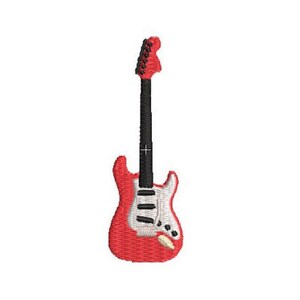 May include: Red electric guitar with a white pickguard and black tuning pegs.