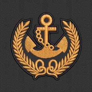 May include: A gold anchor with a chain and a wreath of leaves around it. The anchor is on a black background.