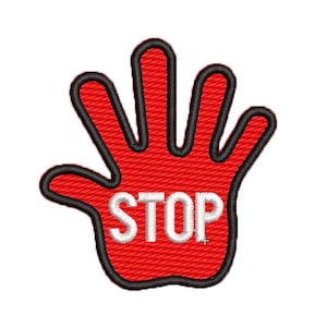 May include: A red hand with a black outline and the word "STOP" in white letters.