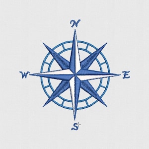 May include: A blue and white compass with the cardinal directions N, S, E, and W.