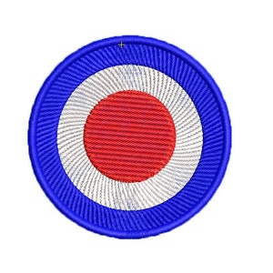 Peut inclure: Une cible bleue, blanche et rouge avec un motif de cercles concentriques. Le cercle central est rouge, l'anneau suivant est blanc et l'anneau extérieur est bleu.