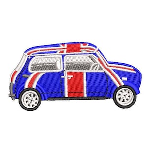 Op de afbeelding: Een blauwe Mini Cooper auto met een rood, wit en blauw Union Jack vlag ontwerp.