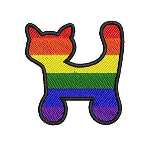 May include: Embroidered patch in the shape of a cat, featuring the colors of the rainbow pride flag. The cat has a black outline and is standing with its tail up. The patch is designed to be ironed on or sewn onto fabric.