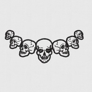 May include: A black and white illustration of seven stylised skulls arranged in a curved line.