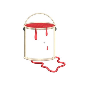 May include: A white paint can with red paint dripping from the rim and a puddle of red paint on the ground.