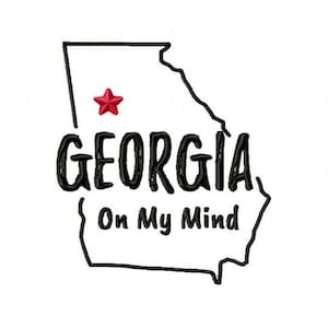 May include: Black and white outline of the state of Georgia with a red star in the center. The text "GEORGIA" is written in a stylized font below the outline, and the text "On My Mind" is written below the state name.
