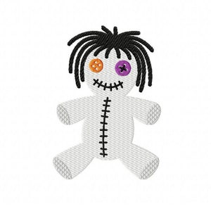 May include: A white rag doll with black hair, orange and purple button eyes, and a stitched smile. The doll has stitched seams on its body and arms.
