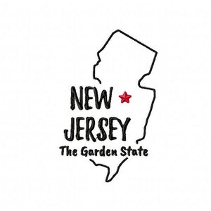 May include: A black and white outline of the state of New Jersey with a red star in the centre. The text "NEW JERSEY" is written below the outline, and the text "The Garden State" is written below that.