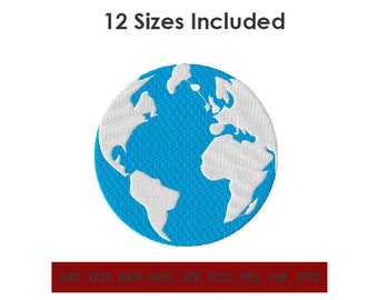 May include: An embroidered design of the Earth in blue and white, with the text "12 Sizes Included" above the image and "ART, DST, EXP, HUS, JEF, PCS, PES, VIP, VP3" below the image.