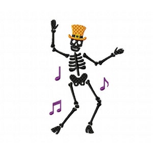 Peut inclure: Un squelette noir portant un chapeau jaune et orange danse avec des notes de musique violettes autour de lui.