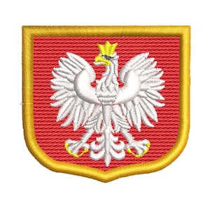 Może przedstawiać: Naszywka haftowana w kolorze czerwonym i złotym, przedstawiająca biały polski herb, białego orła z koroną.